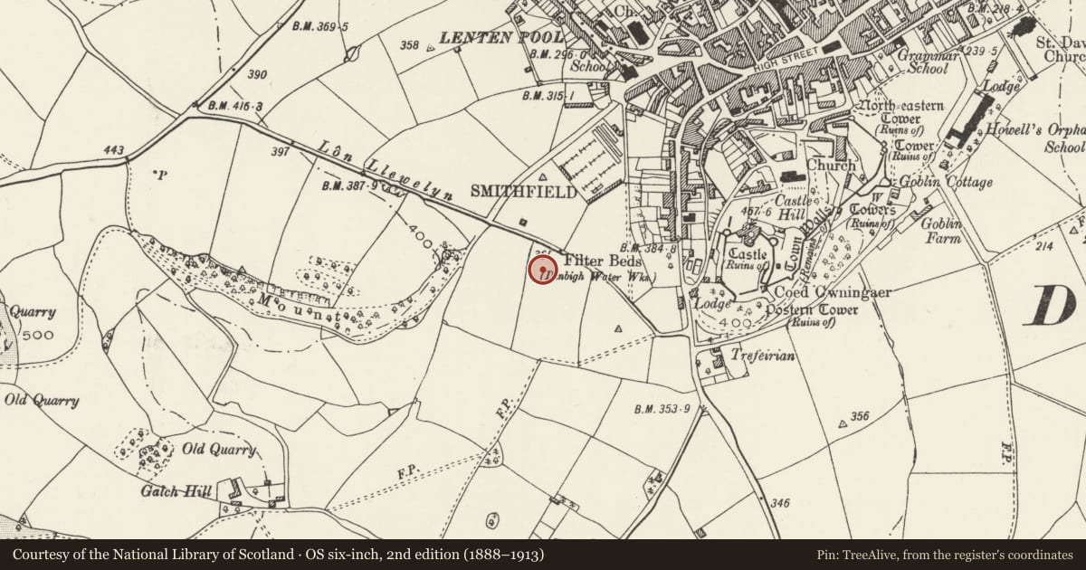 Ordnance Survey six-inch map, 2nd edition (1888–1913) covering the location of Catholic Church of St Joseph, Denbigh, Denbighshire, with a pin at the register's coordinates