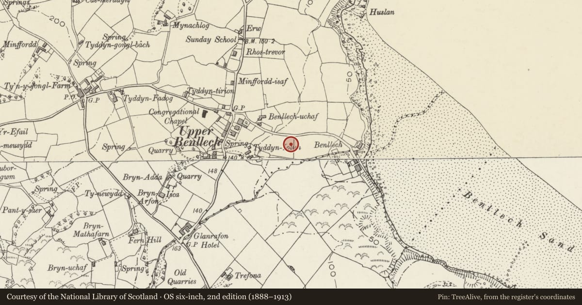 Ordnance Survey six-inch map, 2nd edition (1888–1913) covering the location of Catholic Church of Our Lady of Lourdes, Llanfair-Mathafarn-Eithaf, Isle of Anglesey, with a pin at the register's coordinates