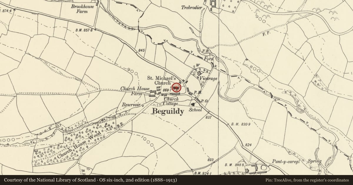 Ordnance Survey six-inch map, 2nd edition (1888–1913) covering the location of Church of Michael & All Angels, Beguildy, Powys, with a pin at the register's coordinates