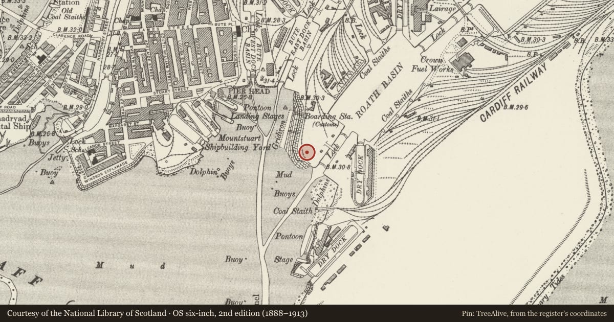 Ordnance Survey six-inch map, 2nd edition (1888–1913) covering the location of Norwegian Church Arts Centre, Butetown, Cardiff, with a pin at the register's coordinates