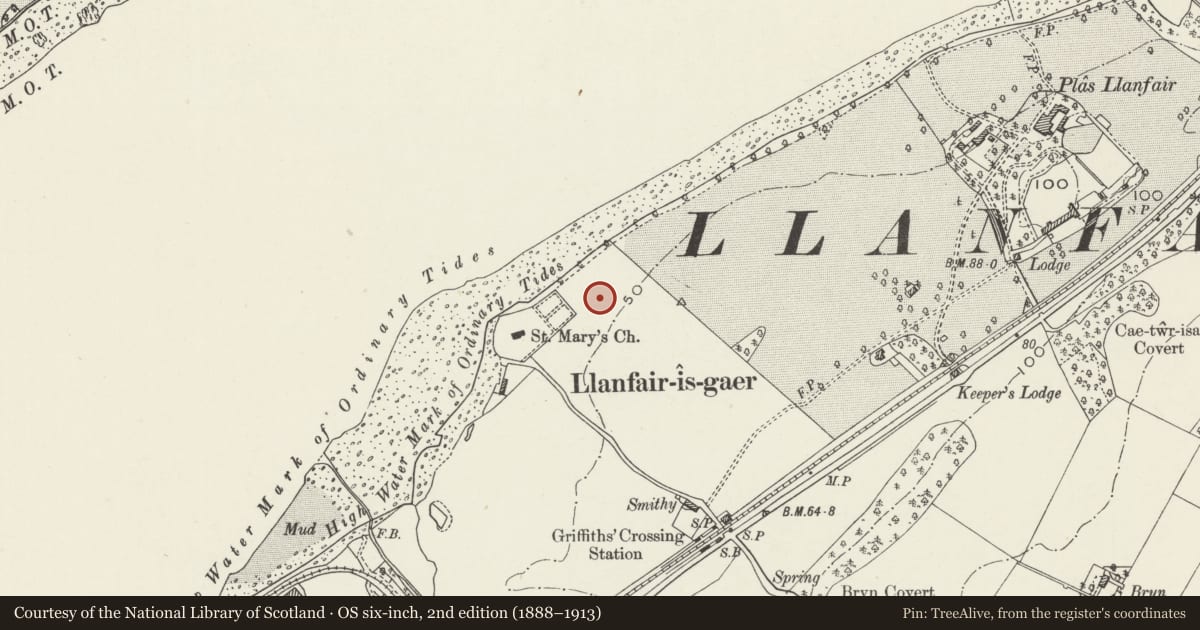 Ordnance Survey six-inch map, 2nd edition (1888–1913) covering the location of Plas Menai, Y Felinheli, Gwynedd, with a pin at the register's coordinates