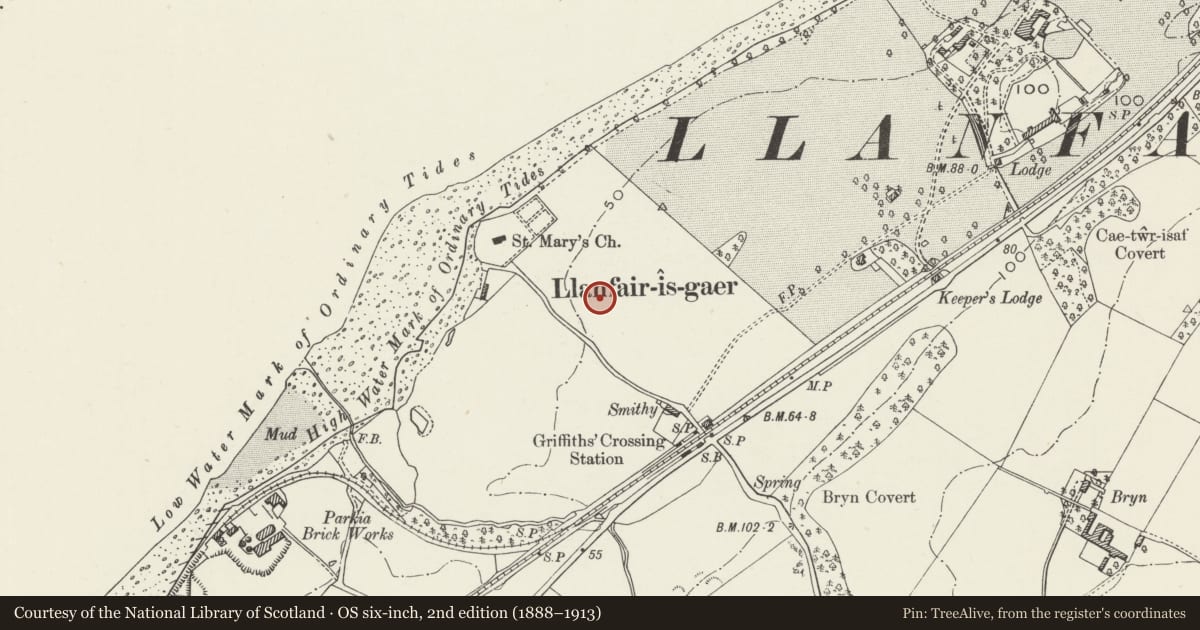 Ordnance Survey six-inch map, 2nd edition (1888–1913) covering the location of Detached Accommodation Block at Plas Menai, Y Felinheli, Gwynedd, with a pin at the register's coordinates