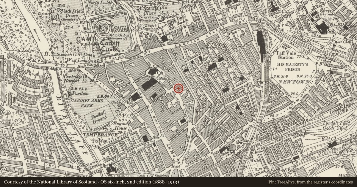 Ordnance Survey six-inch map, 2nd edition (1888–1913) covering the location of St David's Hall, Castle, Cardiff, with a pin at the register's coordinates