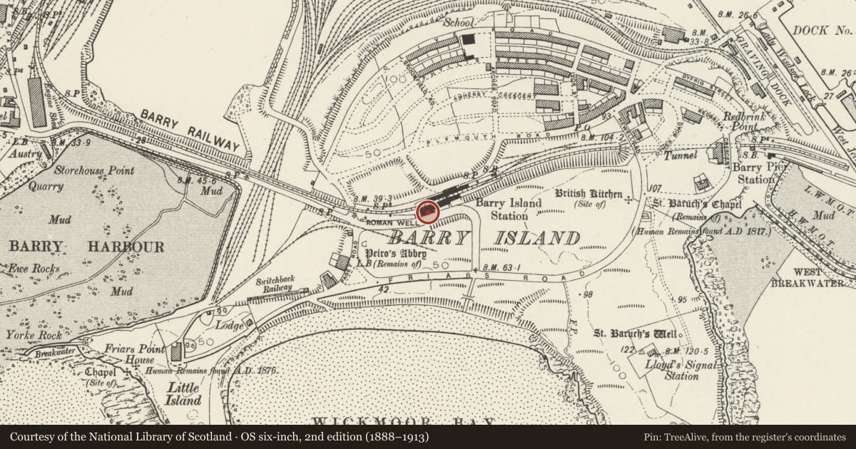 Ordnance Survey six-inch map, 2nd edition (1888–1913) covering the location of Barry Island Railway Station, Vale of Glamorgan, with a pin at the register's coordinates