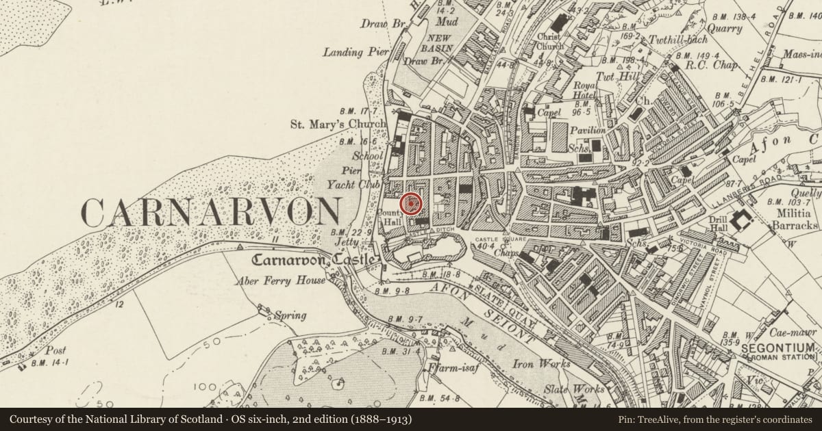 Ordnance Survey six-inch map, 2nd edition (1888–1913) covering the location of Pencadlys Gwynedd, Caernarfon, Gwynedd, with a pin at the register's coordinates