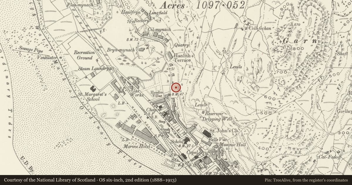 Ordnance Survey six-inch map, 2nd edition (1888–1913) covering the location of Catholic Church of St Tudwal including attached presbytery, Barmouth, Gwynedd, with a pin at the register's coordinates