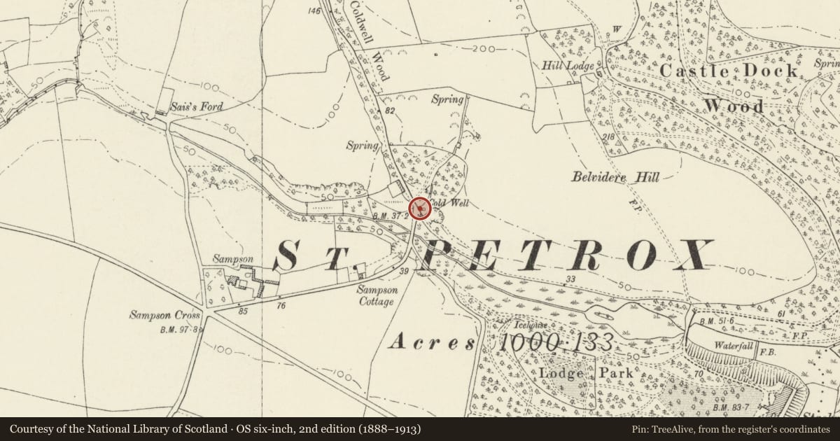 Ordnance Survey six-inch map, 2nd edition (1888–1913) covering the location of Horse Trough at Coldwell Wood, Stackpole and Castlemartin, Pembrokeshire, with a pin at the register's coordinates