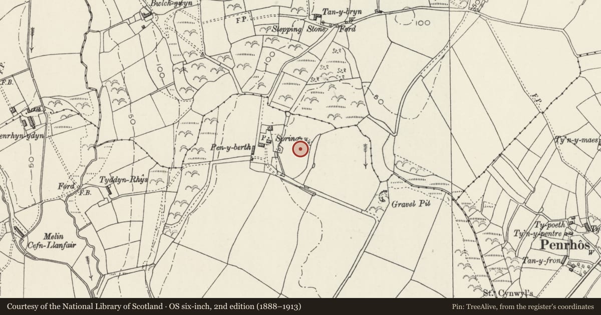 Ordnance Survey six-inch map, 2nd edition (1888–1913) covering the location of Freedom Cross at Penrhos Polish Village, Llanbedrog, Gwynedd, with a pin at the register's coordinates