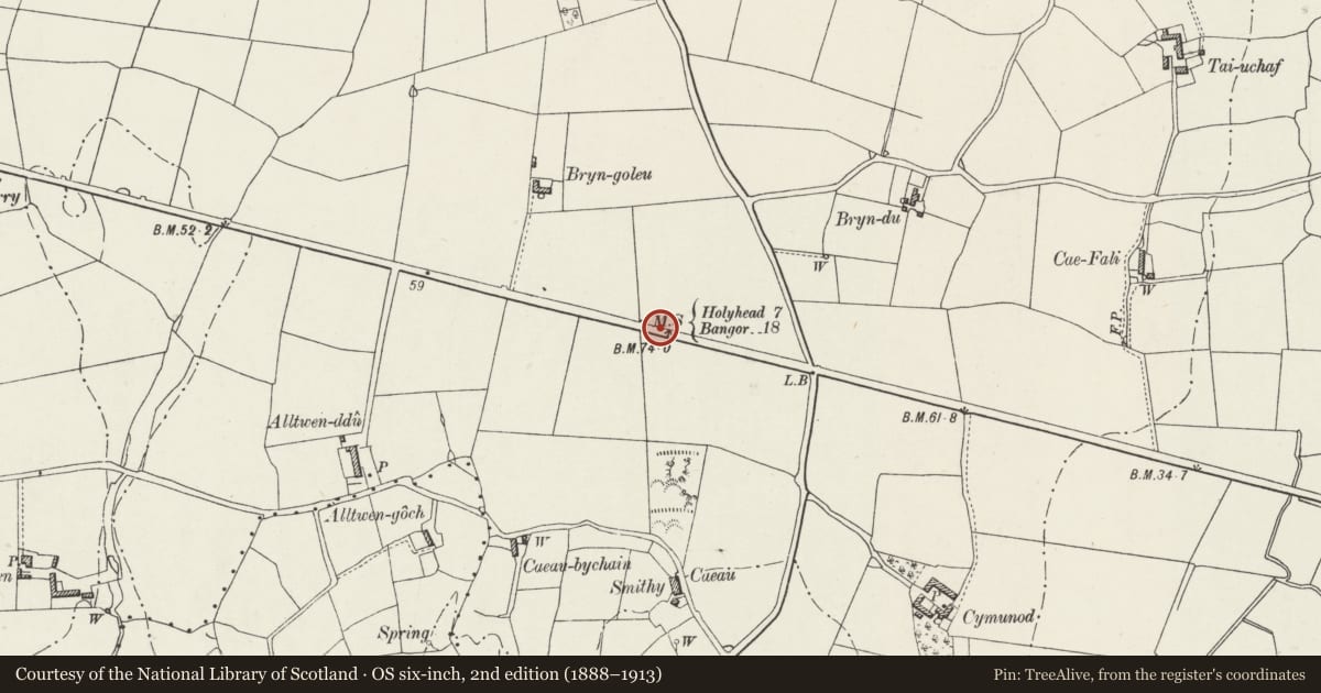 Ordnance Survey six-inch map, 2nd edition (1888–1913) covering the location of Telford Milestone (7), Bodedern, Isle of Anglesey, with a pin at the register's coordinates