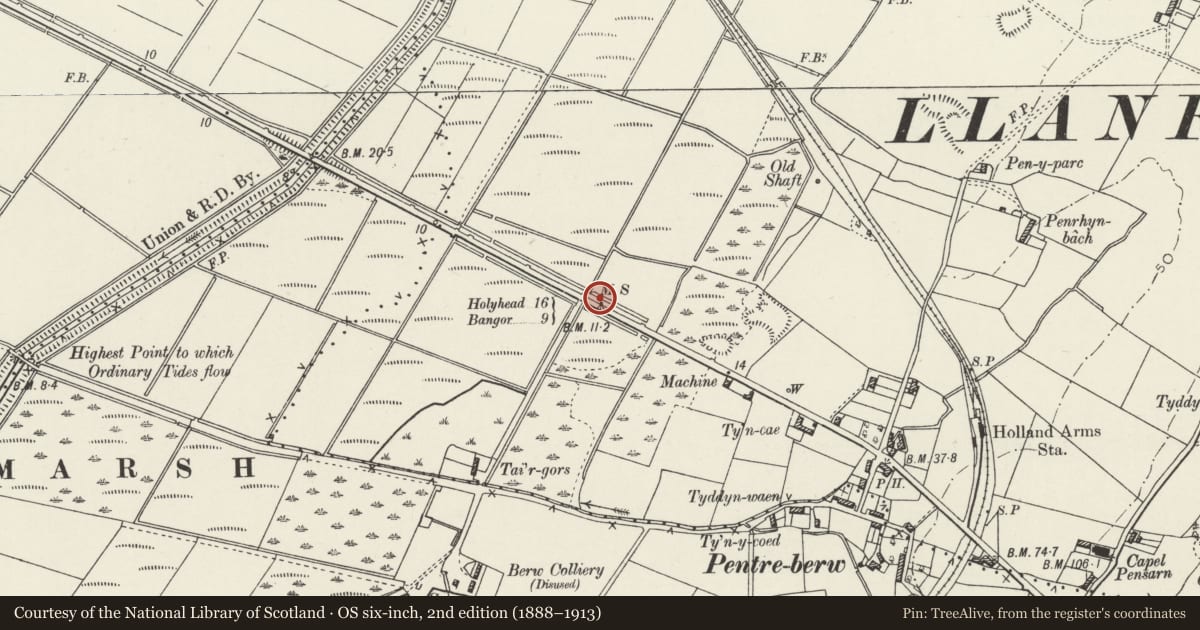Ordnance Survey six-inch map, 2nd edition (1888–1913) covering the location of Telford Milestone (16), Llanfihangel Ysgeifiog, Isle of Anglesey, with a pin at the register's coordinates