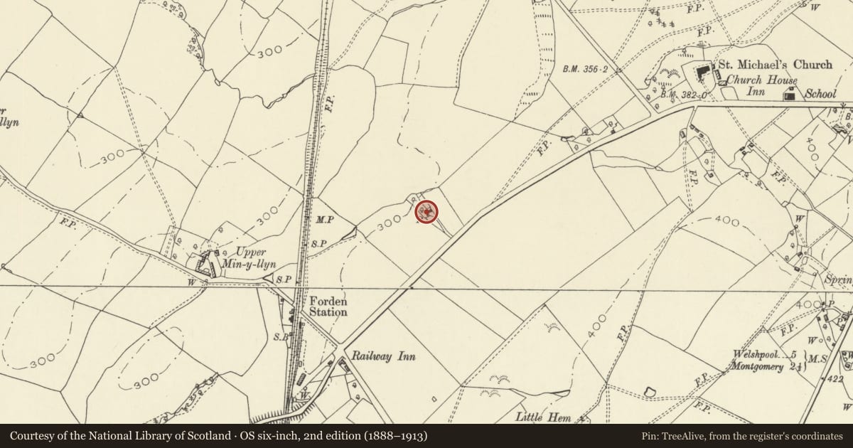 Ordnance Survey six-inch map, 2nd edition (1888–1913) covering the location of Pound Fields Cottage, Forden with Leighton and Trelystan, Powys, with a pin at the register's coordinates