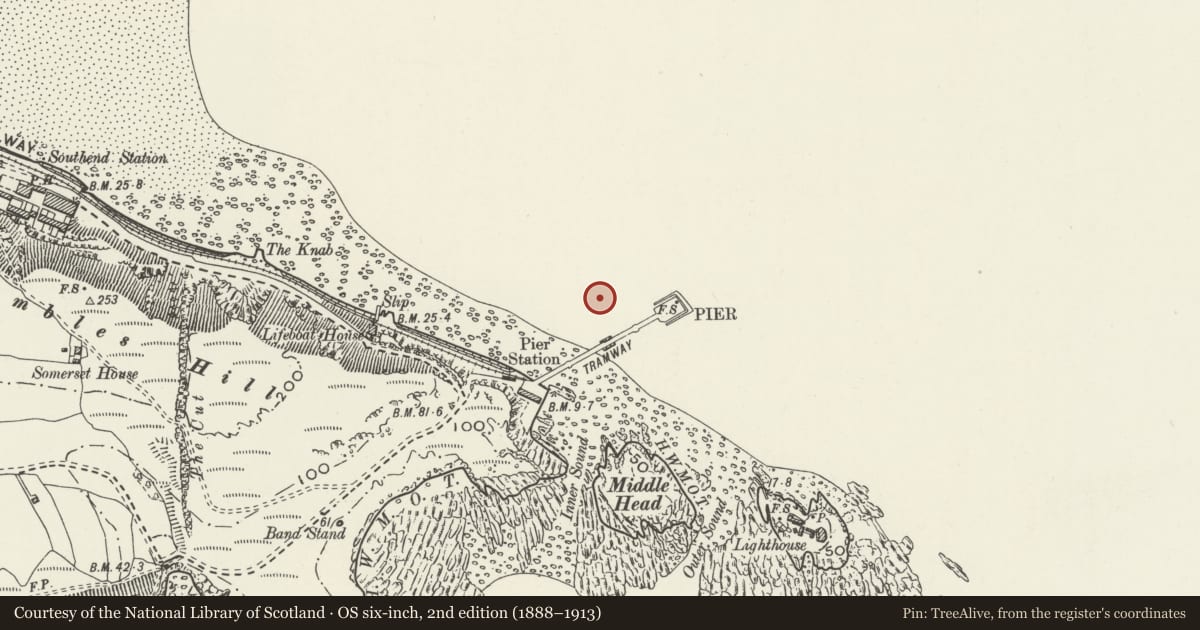 Ordnance Survey six-inch map, 2nd edition (1888–1913) covering the location of Former Lifeboat Station, Walkway and Slipway, Mumbles Pier, Swansea, with a pin at the register's coordinates
