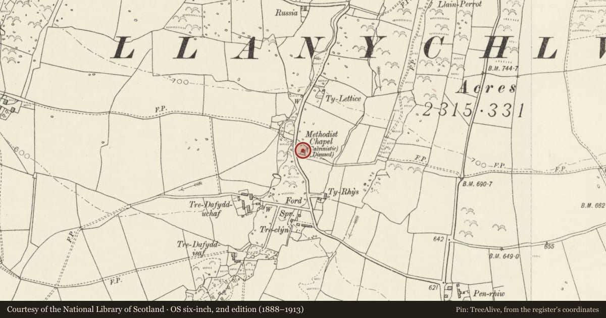 Ordnance Survey six-inch map, 2nd edition (1888–1913) covering the location of Ty Cwrdd Bach, Cwm Gwaun, Pembrokeshire, with a pin at the register's coordinates