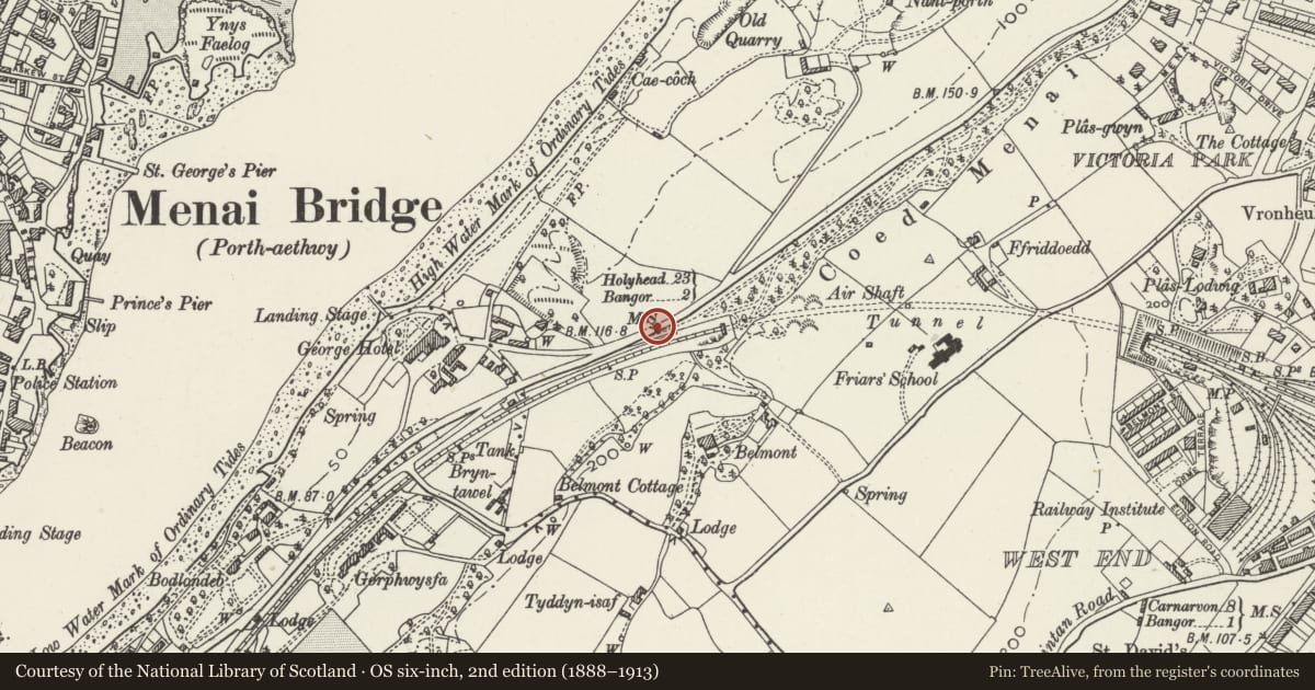 Ordnance Survey six-inch map, 2nd edition (1888–1913) covering the location of Telford Milestone (23), Bangor, Gwynedd, with a pin at the register's coordinates