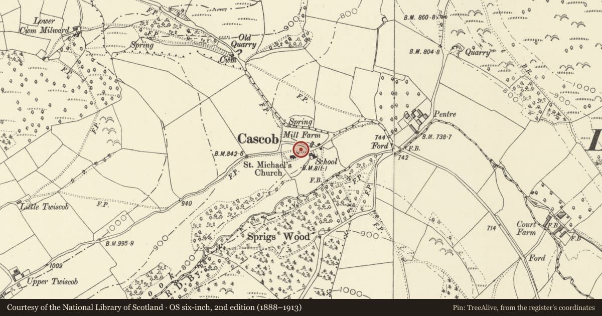 Ordnance Survey six-inch map, 2nd edition (1888–1913) covering the location of Rectory House, Whitton, Powys, with a pin at the register's coordinates