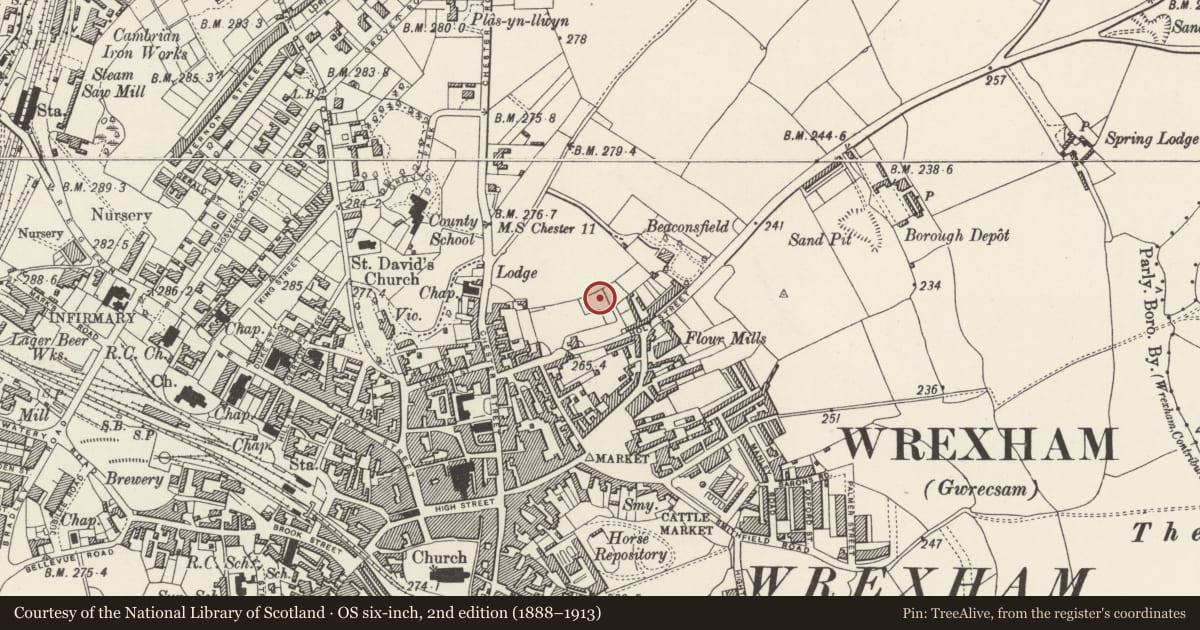 Ordnance Survey six-inch map, 2nd edition (1888–1913) covering the location of Wrexham Waterworld Leisure & Activity Centre, Acton, Wrexham, with a pin at the register's coordinates