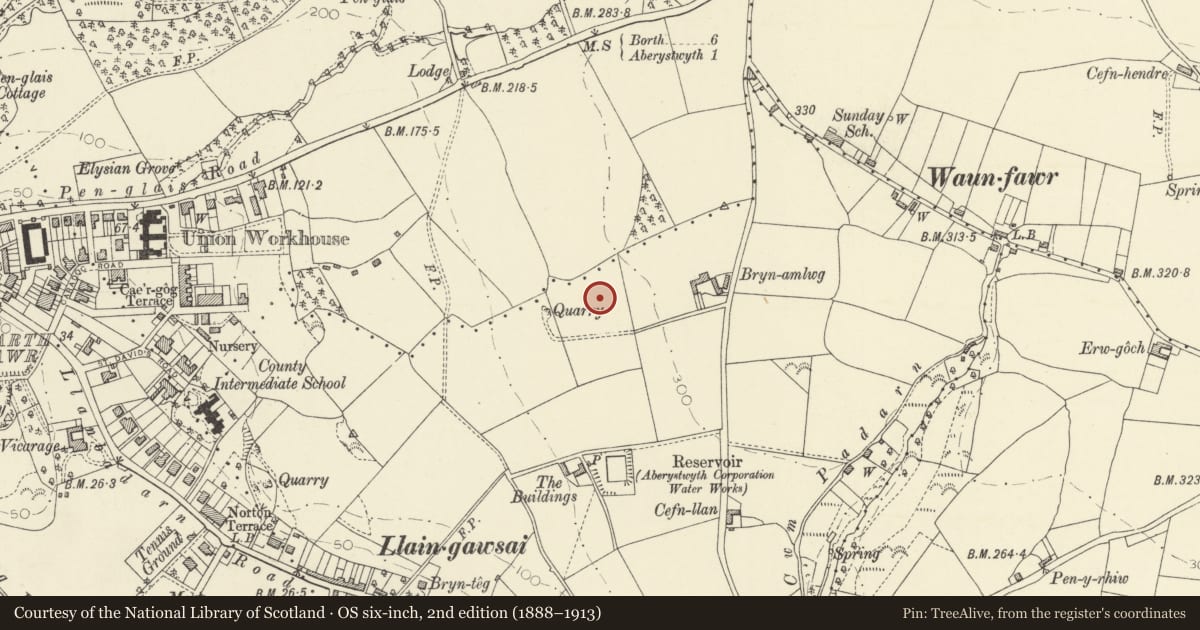 Ordnance Survey six-inch map, 2nd edition (1888–1913) covering the location of The Bell Tower, Llanbadarn Fawr, Ceredigion, with a pin at the register's coordinates