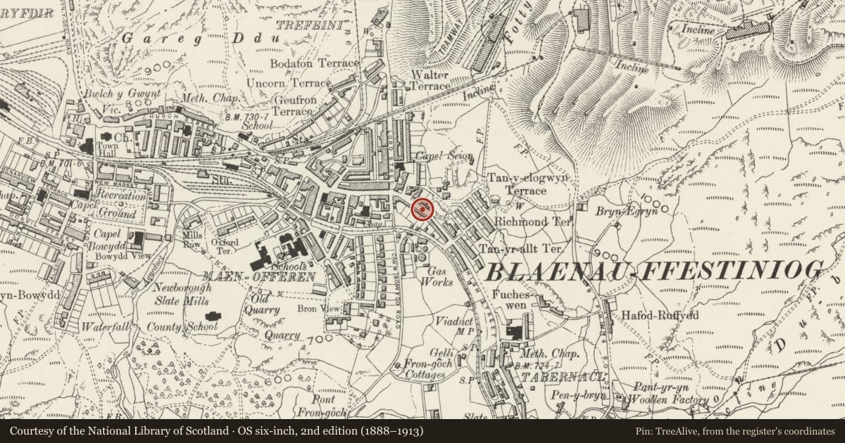 Ordnance Survey six-inch map, 2nd edition (1888–1913) covering the location of 59 High Street, Ffestiniog, Gwynedd, with a pin at the register's coordinates