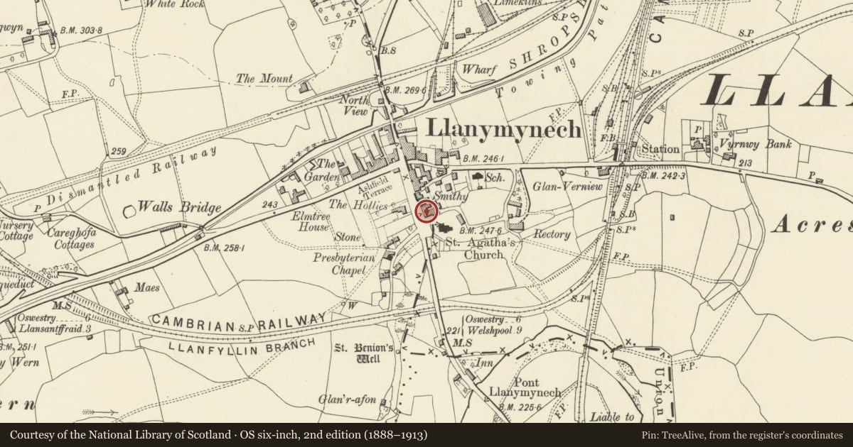 Ordnance Survey six-inch map, 2nd edition (1888–1913) covering the location of Lion Hotel and Prospect House, Carreghofa, Powys, with a pin at the register's coordinates
