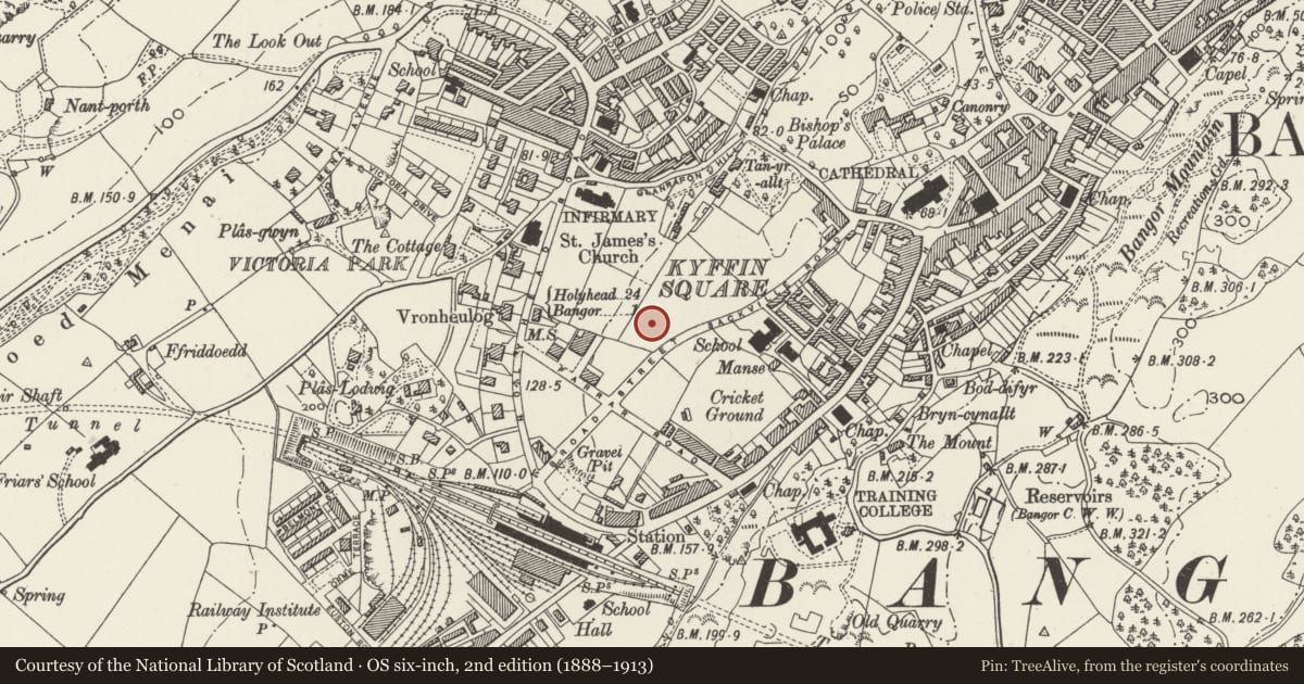 Ordnance Survey six-inch map, 2nd edition (1888–1913) covering the location of Brambell Laboratory, Bangor University, Gwynedd, with a pin at the register's coordinates