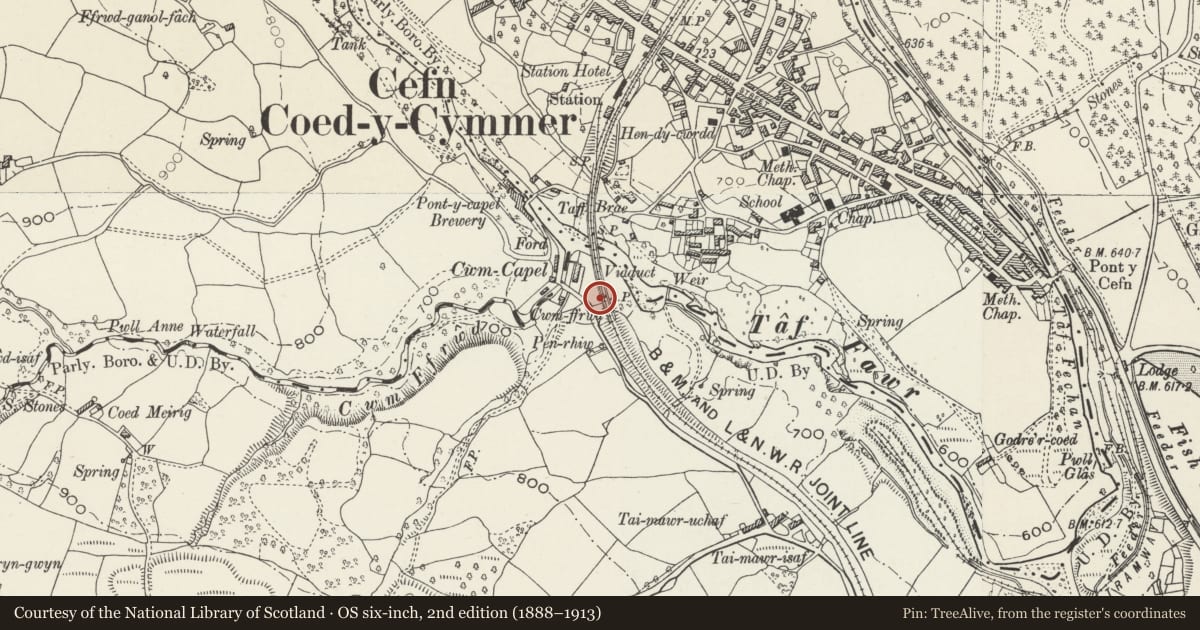 Ordnance Survey six-inch map, 2nd edition (1888–1913) covering the location of Cefn Railway Viaduct (part in Cyfarthfa Community), Merthyr Tydfil, with a pin at the register's coordinates