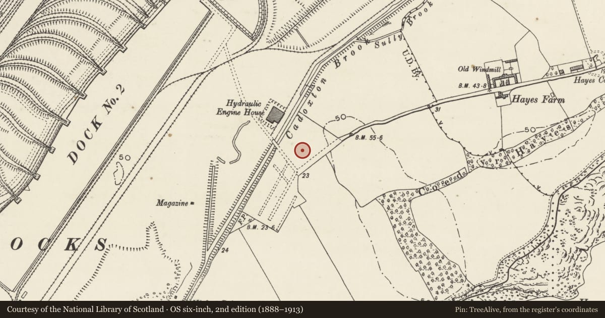 Ordnance Survey six-inch map, 2nd edition (1888–1913) covering the location of Former Supply Reserves Depot Gatehouse and Gatepiers, Barry, Vale of Glamorgan, with a pin at the register's coordinates