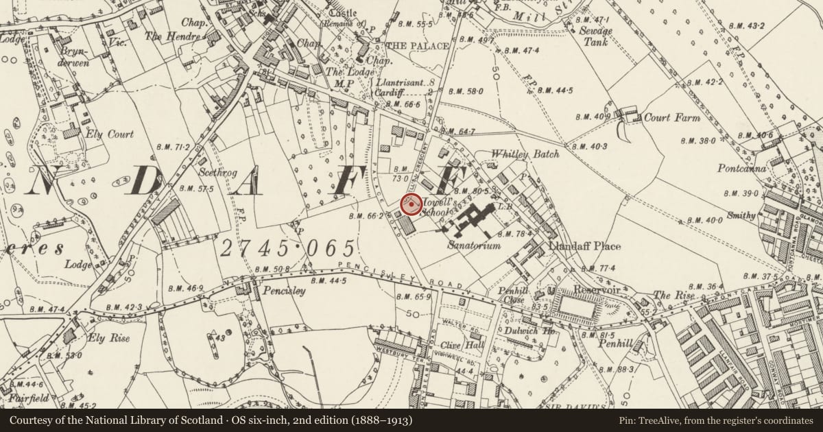 Ordnance Survey six-inch map, 2nd edition (1888–1913) covering the location of 13 Howell’s Crescent, Llandaff, Cardiff, with a pin at the register's coordinates