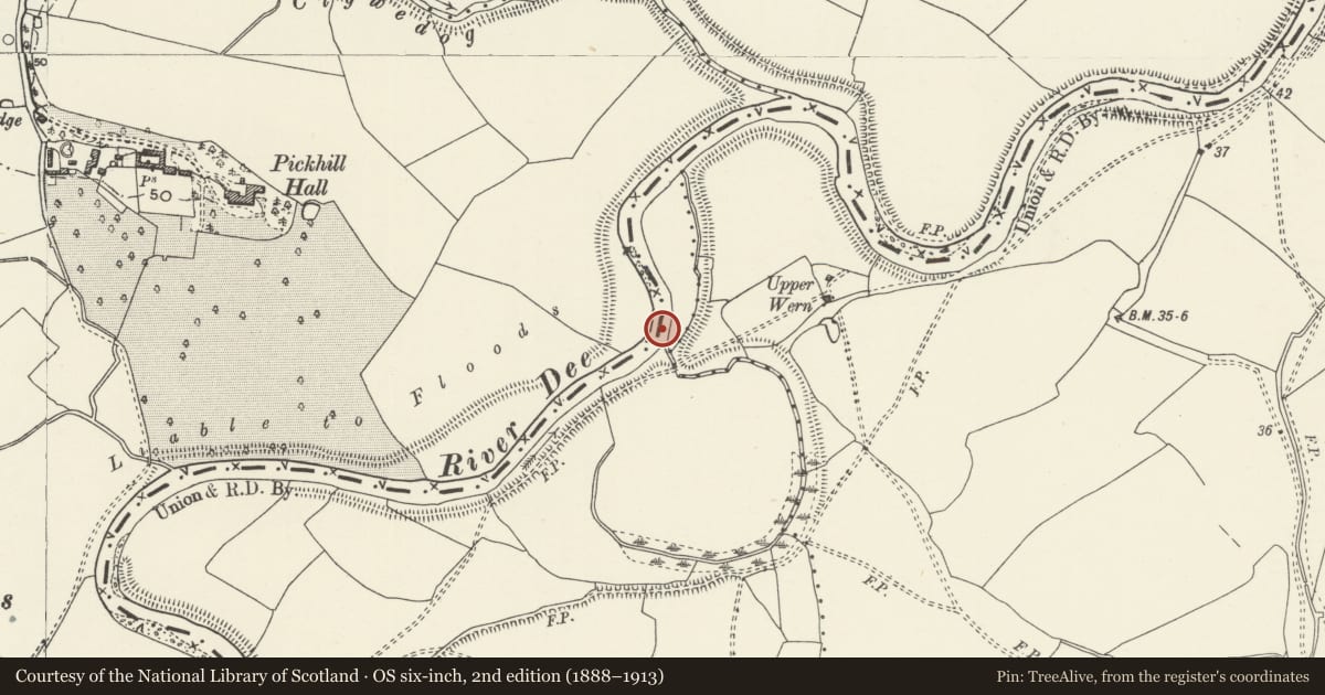 Ordnance Survey six-inch map, 2nd edition (1888–1913) covering the location of Pickhill Meadows Suspension Bridge, Willington Worthenbury, Wrexham, with a pin at the register's coordinates