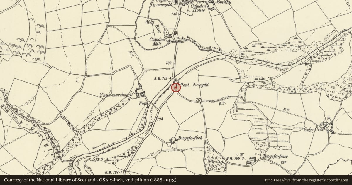 Ordnance Survey six-inch map, 2nd edition (1888–1913) covering the location of Fingerpost at Pont Newydd, Trecastle, Llywel, Powys, with a pin at the register's coordinates