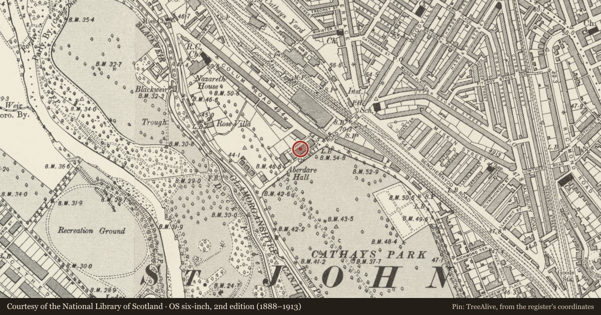 Ordnance Survey six-inch map, 2nd edition (1888–1913) covering the location of School of Music, Cardiff University, Cathays, Cardiff, with a pin at the register's coordinates