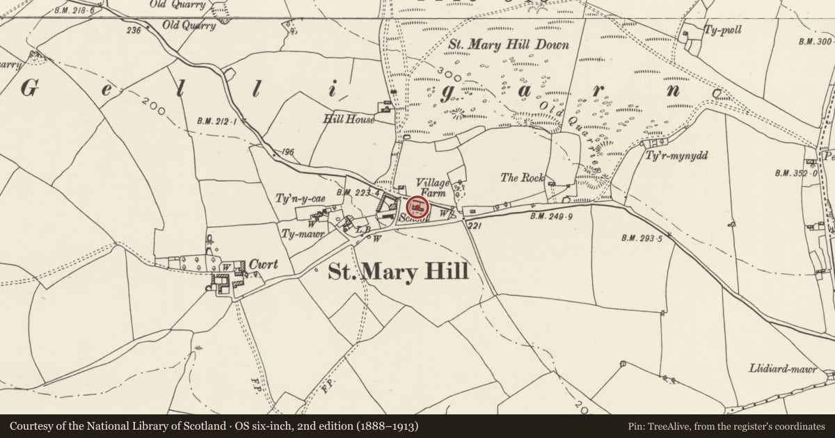 Ordnance Survey six-inch map, 2nd edition (1888–1913) covering the location of Village House, St Mary Hill, Llangan, Vale of Glamorgan, with a pin at the register's coordinates