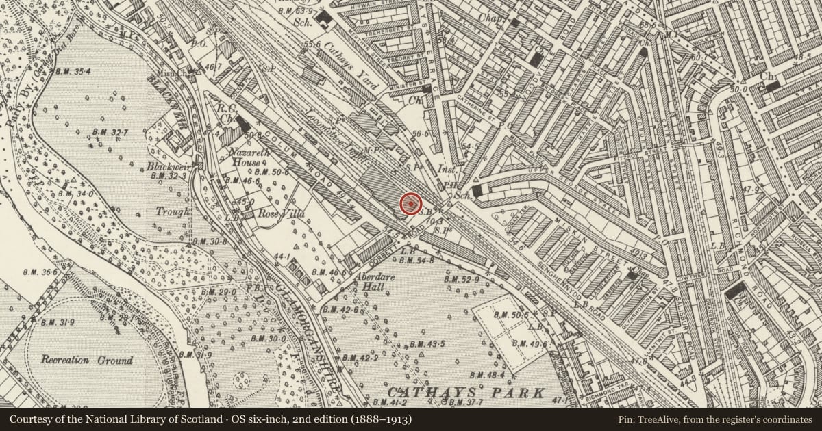 Ordnance Survey six-inch map, 2nd edition (1888–1913) covering the location of Arts and Social Sciences Library, Cardiff University, Cathays, Cardiff, with a pin at the register's coordinates
