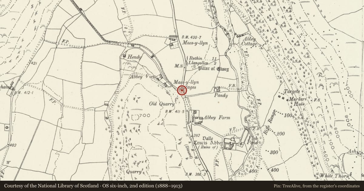 Ordnance Survey six-inch map, 2nd edition (1888–1913) covering the location of Telephone Call-box opposite Pillar of Eliseg, Llantysilio, Denbighshire, with a pin at the register's coordinates