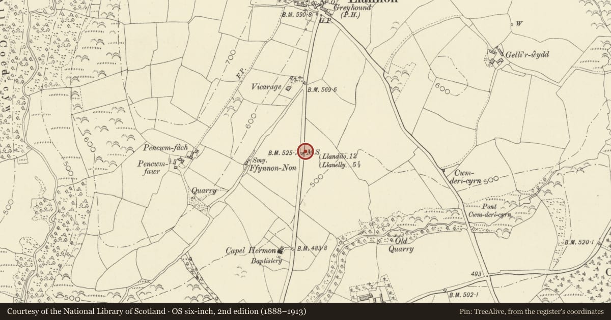 Ordnance Survey six-inch map, 2nd edition (1888–1913) covering the location of Milestone on Heol Morlais, Llannon, Carmarthenshire, with a pin at the register's coordinates