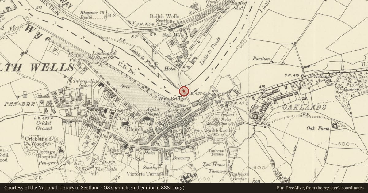 Ordnance Survey six-inch map, 2nd edition (1888–1913) covering the location of Wye Bridge (partly in Builth Wells), Llanelwedd, Powys, with a pin at the register's coordinates
