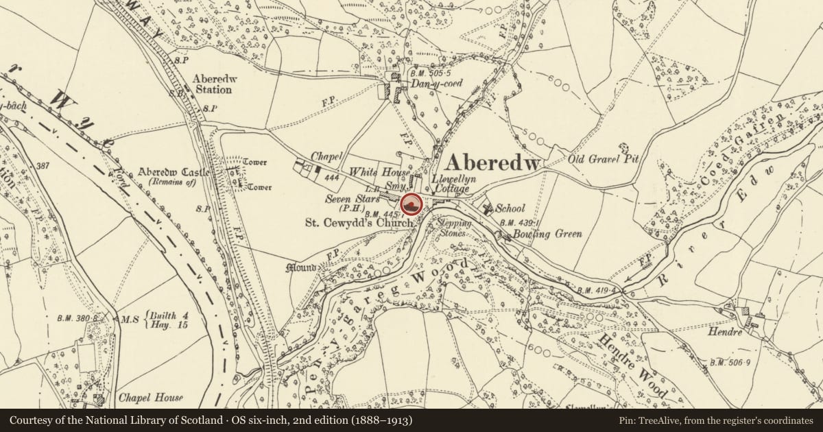 Ordnance Survey six-inch map, 2nd edition (1888–1913) covering the location of Church of St Cewydd, Aberedw, Powys, with a pin at the register's coordinates