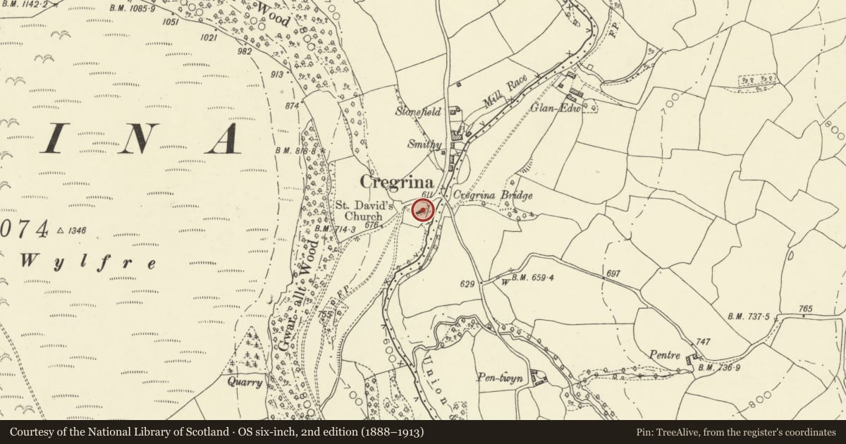 Ordnance Survey six-inch map, 2nd edition (1888–1913) covering the location of Church of St David, Glascwm, Powys, with a pin at the register's coordinates