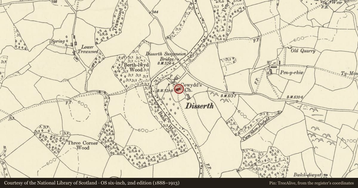 Ordnance Survey six-inch map, 2nd edition (1888–1913) covering the location of Church of St Cewydd, Disserth and Trecoed, Powys, with a pin at the register's coordinates