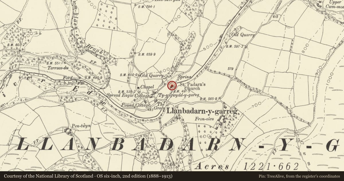 Ordnance Survey six-inch map, 2nd edition (1888–1913) covering the location of Church of St Padarn, Aberedw, Powys, with a pin at the register's coordinates