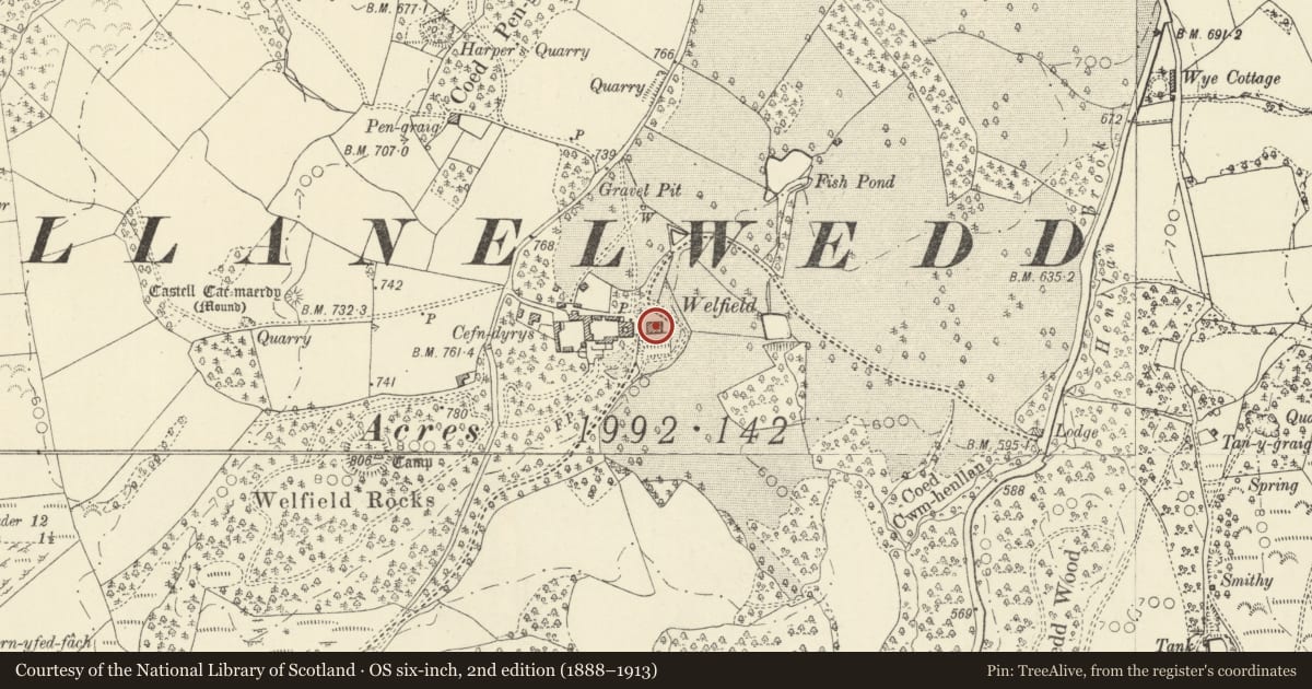 Ordnance Survey six-inch map, 2nd edition (1888–1913) covering the location of Cefndyrys, Llanelwedd, Powys, with a pin at the register's coordinates