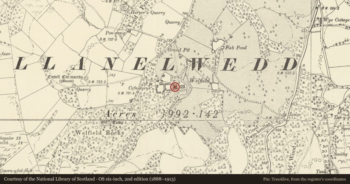 Ordnance Survey six-inch map, 2nd edition (1888–1913) covering the location of Stable block at Cefndyrys, Llanelwedd, Powys, with a pin at the register's coordinates