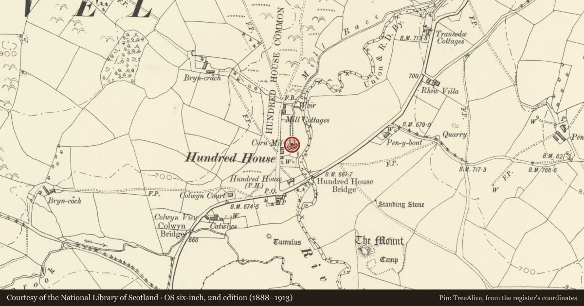 Ordnance Survey six-inch map, 2nd edition (1888–1913) covering the location of The Old Mill, Glascwm, Powys, with a pin at the register's coordinates