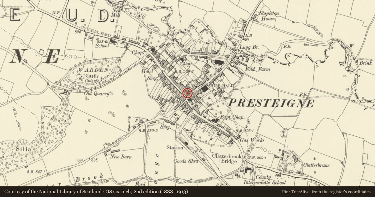 Ordnance Survey six-inch map, 2nd edition (1888–1913) covering the location of 1 Broad Street, Presteigne, Powys, with a pin at the register's coordinates