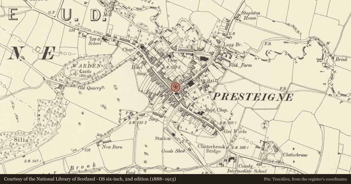 Ordnance Survey six-inch map, 2nd edition (1888–1913) covering the location of 2 Broad Street, Presteigne, Powys, with a pin at the register's coordinates