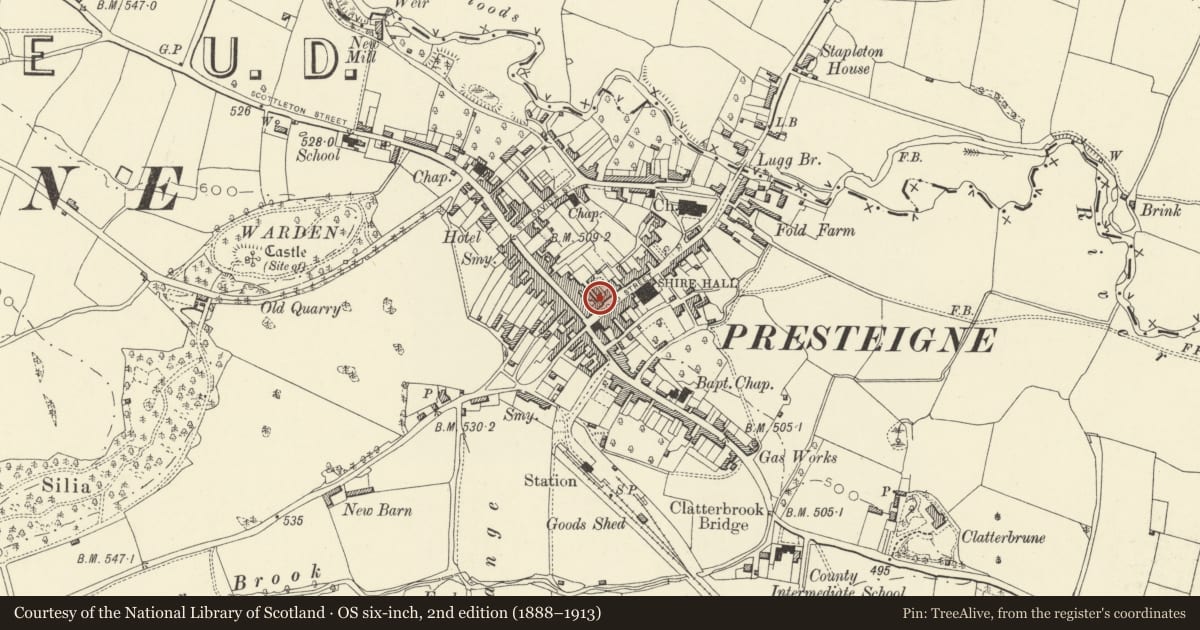 Ordnance Survey six-inch map, 2nd edition (1888–1913) covering the location of S&T Ironmongers including Offices, Presteigne, Powys, with a pin at the register's coordinates