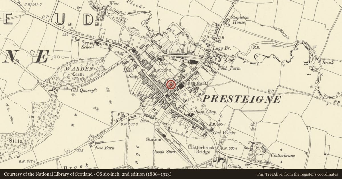 Ordnance Survey six-inch map, 2nd edition (1888–1913) covering the location of Ossington House, Presteigne, Powys, with a pin at the register's coordinates
