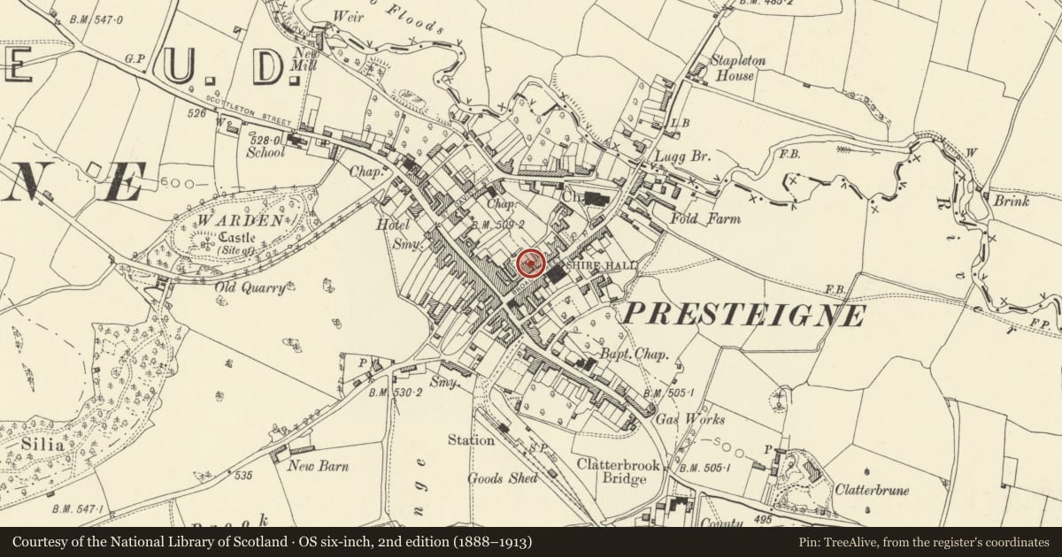 Ordnance Survey six-inch map, 2nd edition (1888–1913) covering the location of Harley House, Presteigne, Powys, with a pin at the register's coordinates