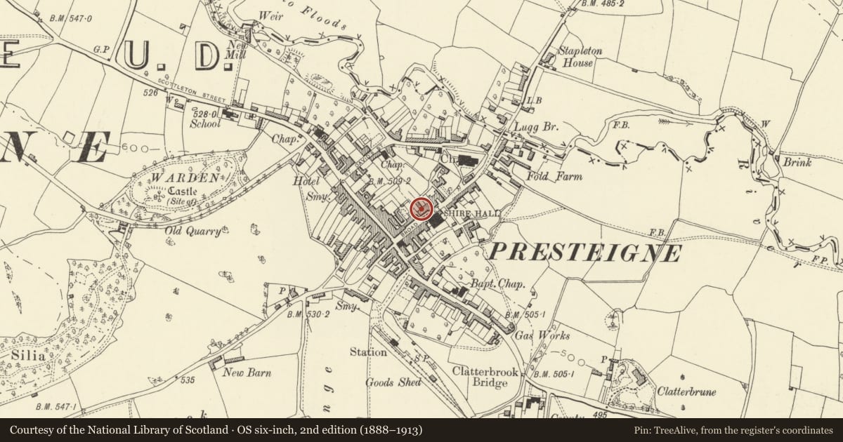 Ordnance Survey six-inch map, 2nd edition (1888–1913) covering the location of 8 Broad Street, Presteigne, Powys, with a pin at the register's coordinates