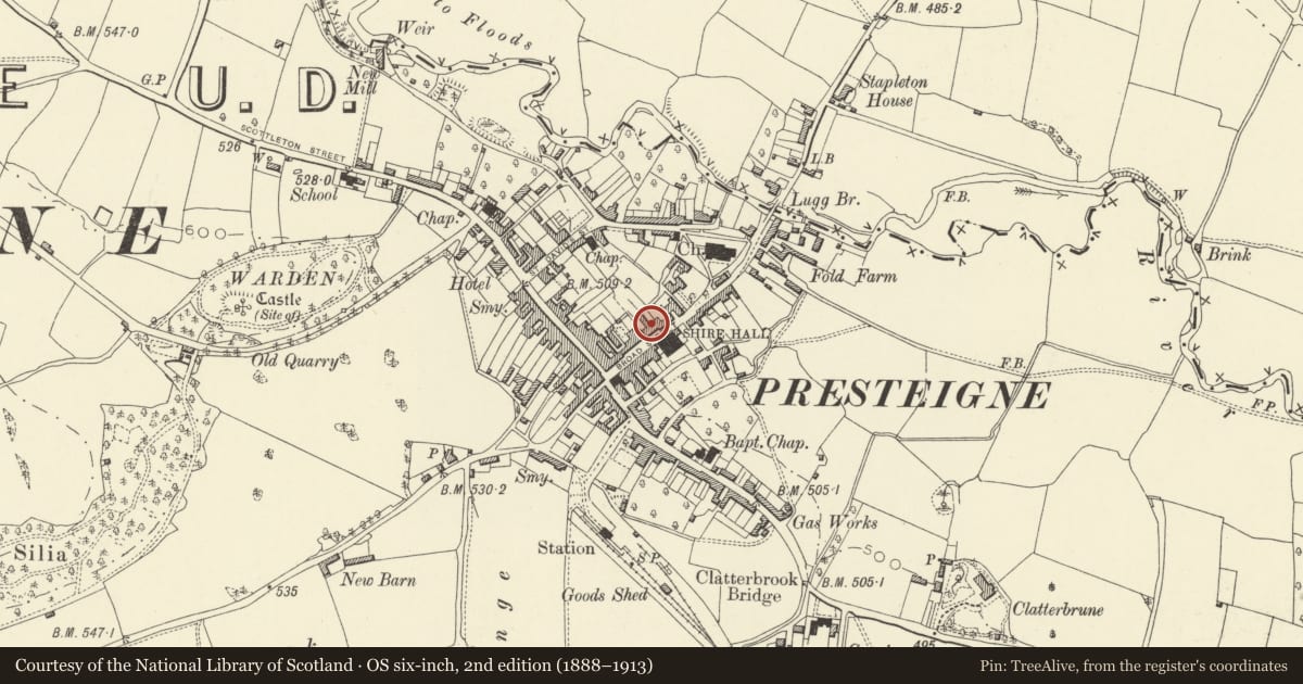 Ordnance Survey six-inch map, 2nd edition (1888–1913) covering the location of 9 & White House, Presteigne, Powys, with a pin at the register's coordinates