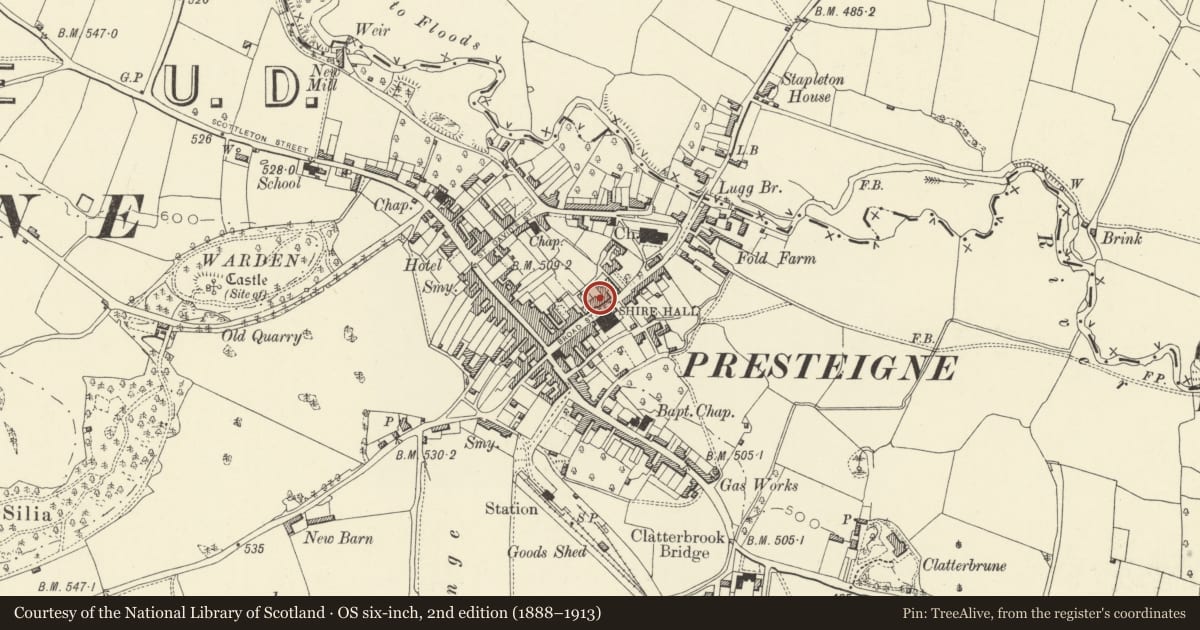 Ordnance Survey six-inch map, 2nd edition (1888–1913) covering the location of 11 & 12 Broad Street, Presteigne, Powys, with a pin at the register's coordinates